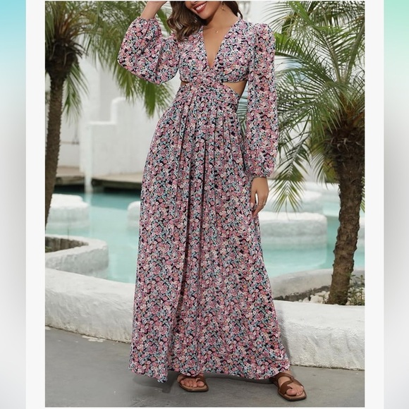 Romantic Floral Waist Cut Out Long Sleeve Flowy Long Maxi Beach Dress Sz10 NWT - Picture 1 of 7